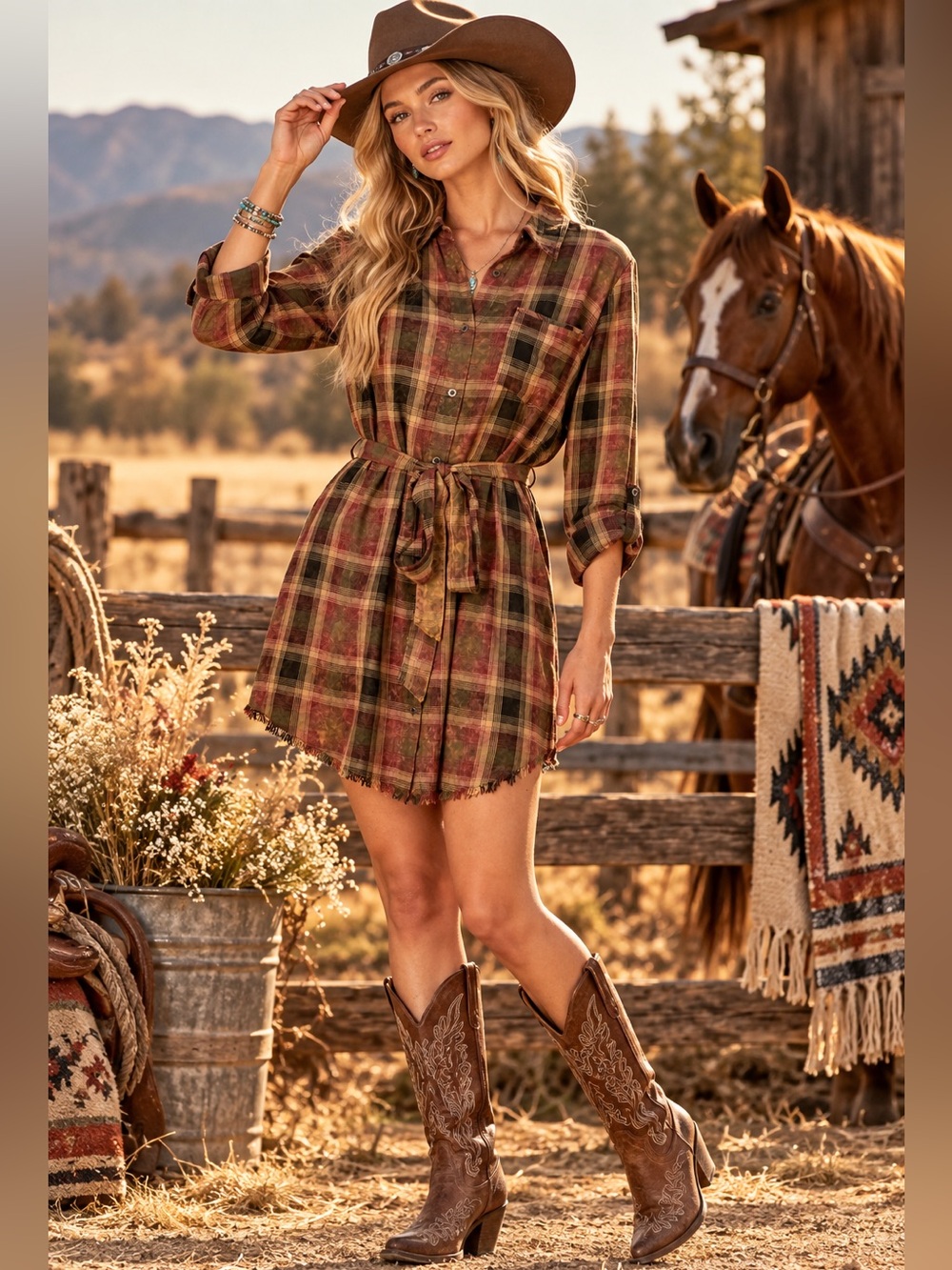 Brown plaid chambray denim raw hem belted midi western horse boho shirt dress